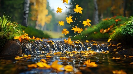 Falling Yellow Leaves Over Sparkling Stream in Vibrant Forest Setup