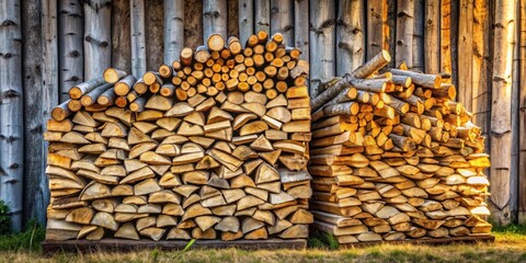 Two Stacks of Firewood Against a Wooden Wall, Ready for Winter