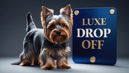 A stylish Yorkshire Terrier stands beside a sign that reads "Luxe Drop Off," suggesting a premium pet service or grooming experience.