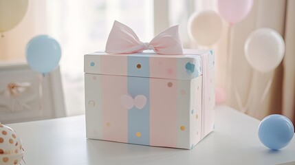 A baby gender reveal box with subtle pastel decorations, sitting on a white table