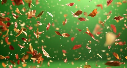 Falling autumn leaves on green background.