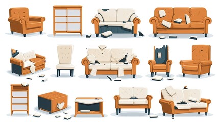 A collection of damaged furniture including couches, chairs, and storage units.