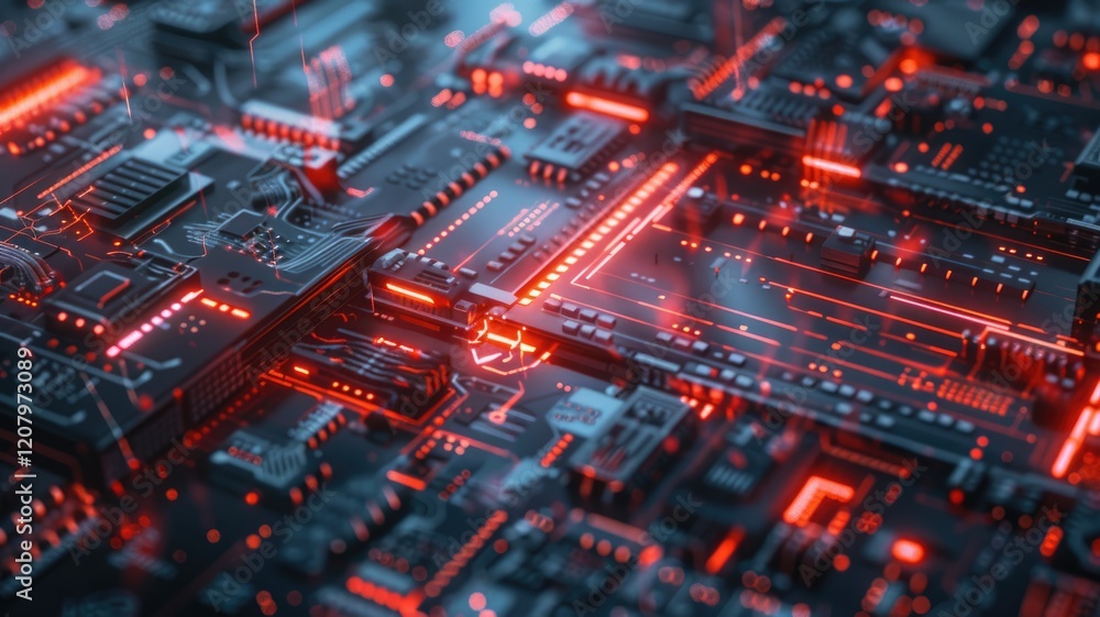 Fototapete Abstract of chip on complex circuit with digital technology style design and the electric light graphic show dynamic movement represent about processor algorithm process on high tech device. AIG53.
