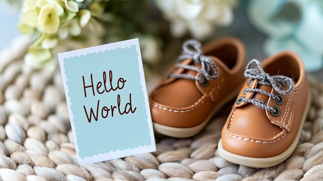 A baby milestone card reading "Hello World" placed next to a tiny pair of shoes