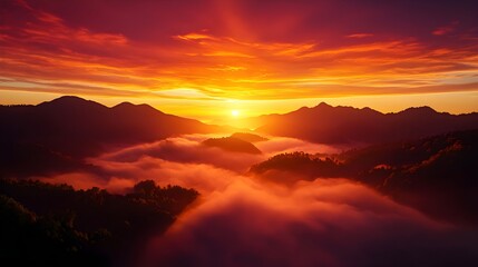 Obraz premium Breathtaking Sunset Over Majestic Mountain Range With Soft Fog