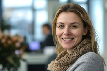 Fototapeta premium Female receptionist at her workplace in a hotel, generative AI image