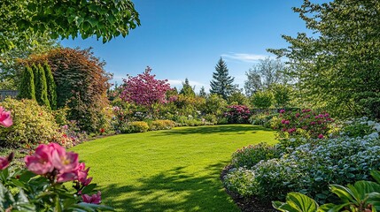 Obraz premium Lush Spring Garden in Full Bloom Beneath a Clear Blue Sky