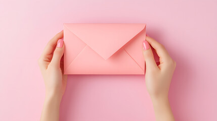 love letter envelope with paper craft hearts - flat lay on pink valentines with copy space