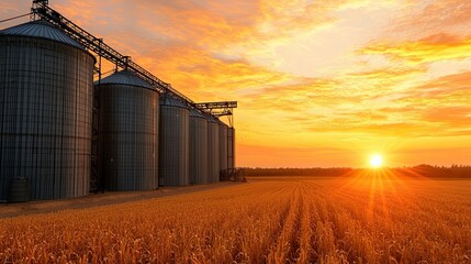 Obraz premium Harvest sunset over silos farm field landscape