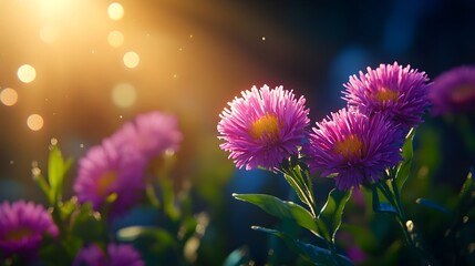 Obraz premium Vibrant Purple Flowers Blooming in Sunlight with Bokeh Effect