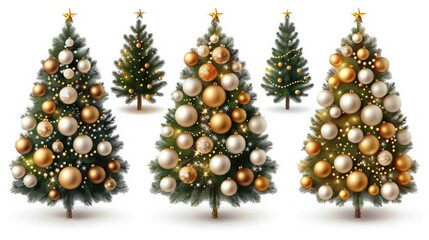 A collection of decorated Christmas trees with gold and white ornaments.