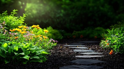 Fototapeta premium Serene Garden Pathway Surrounded by Colorful Blossoms and Lush Foliage