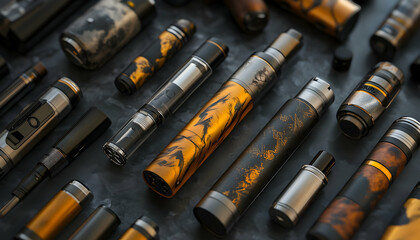 An e-cigarette with customizable skins and various accessories displayed in detail