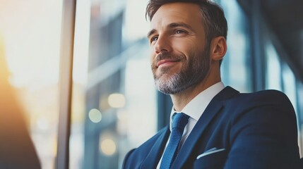 Fototapeta premium Portrait of a Confident Businessman Looking Towards the Future with a Hopeful and Optimistic Expression