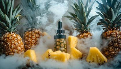An electronic vaporizer surrounded by pineapples and smoke, evoking a tropical flavor concept.