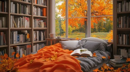 Cozy Autumn Reading Nook: A Serene Escape in a Library with an Autumnal View