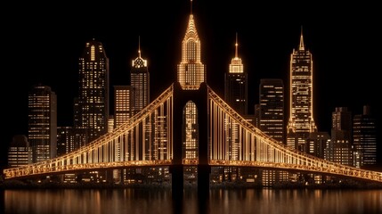 Fototapeta premium Night Cityscape Illuminated Bridge Golden Lights Skyline