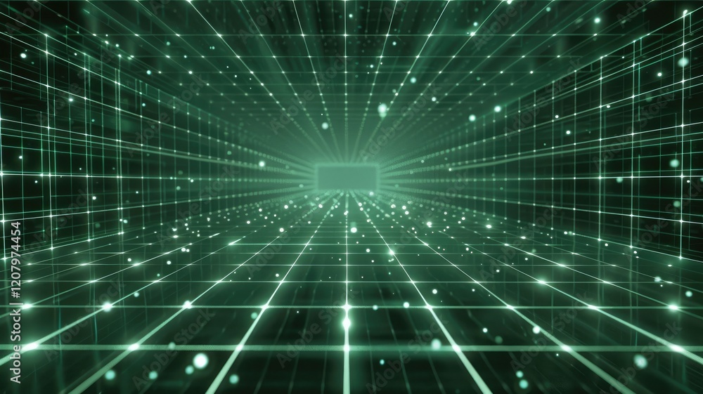 Poster explore an abstract green grid background that creates a futuristic perspective. this digital design
