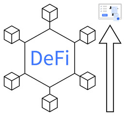 Hexagonal structure representing DeFi with blockchain nodes, upward arrow symbolizing growth and development, digital transaction receipt. Ideal for blockchain, cryptocurrencies, financial