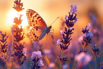 an enchanted wildflower meadow at golden hour with delicate butterflies hovering over lavender and wildflowers soft bokeh effect