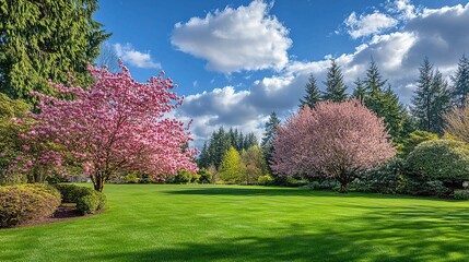 Vibrant Spring Nature Scene with Pristine Lush Lawn and Trees