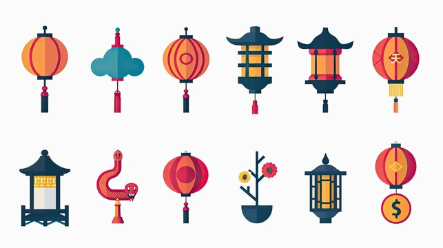 A collection of decorative lanterns and related elements, showcasing cultural designs.