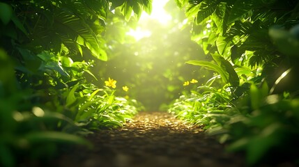 Fototapeta premium Lush Green Pathway Through Dense Jungle with Sunlight Filtering In