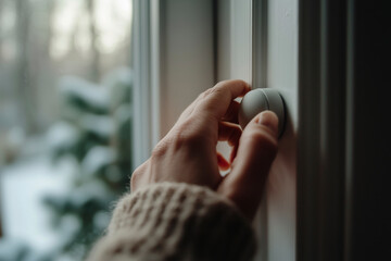 A hand reaches for a window latch on a cold winter day. The soft light of the outdoors illuminates the scene, creating a sense of peace and warmth.