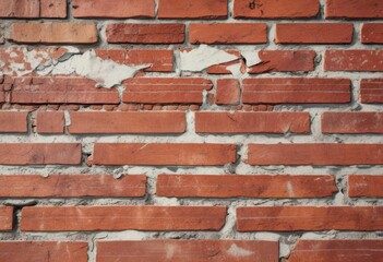 Obraz premium Close-up of old red brick wall with peeling paint, facade, deteriorating, structure
