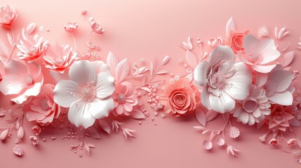 delicate 3D floral composition on a soft pink background, featuring blooming roses, petals, and leaves. Perfect for spring themes, celebrations, or romantic designs