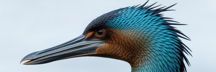 Close-up of long tailed cormorant's head with vibrant greenish-blue feathers and distinctive black crest on the back of its neck, feathers, corromants