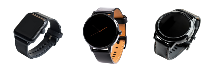 A Set of Sophisticated Smartwatch with Elegant Black Screen Display Isolated on Transparent Background