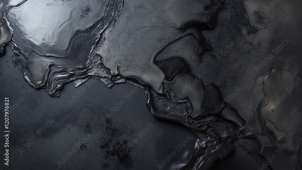 Poster an abstract dark surface with fluid, reflective patterns resembling natural formations or geological