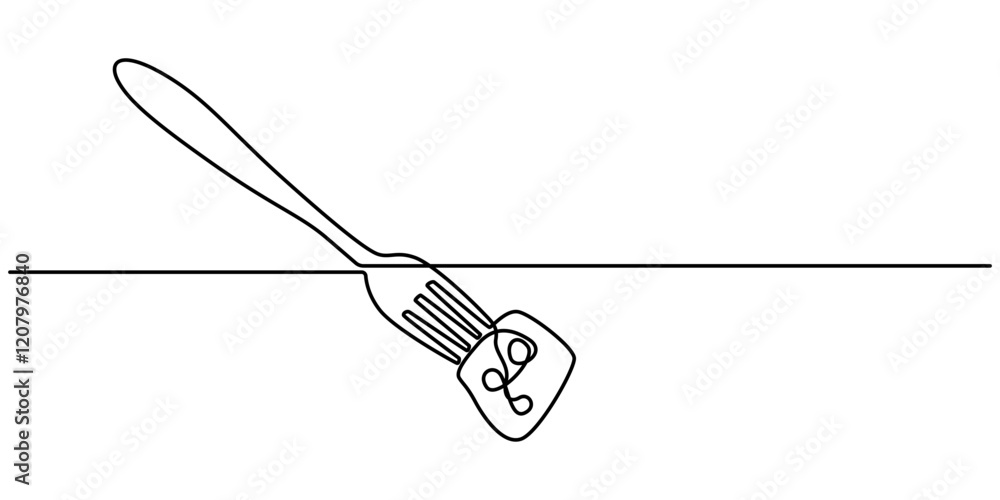 Poster fork cheese fondue icon, cheese fork continuous one line drawing, cheese continuous line art illustr