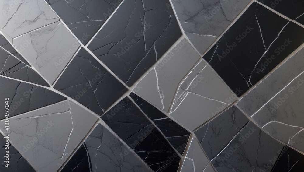 Poster a close-up view of a textured tile surface featuring various shades of gray and black, arranged in a