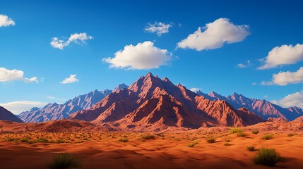 Naklejka premium Majestic Rocky Mountains Under Bright Blue Sky and Fluffy Clouds
