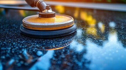 Polishing black car hood outdoors, reflecting trees, at sunset
