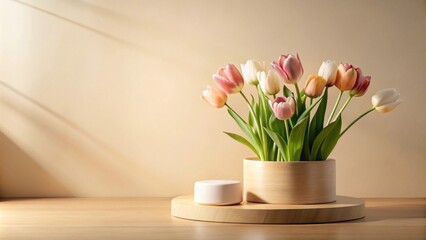 Fototapeta premium Pastel Tulips in Wooden Vase on Display Platform