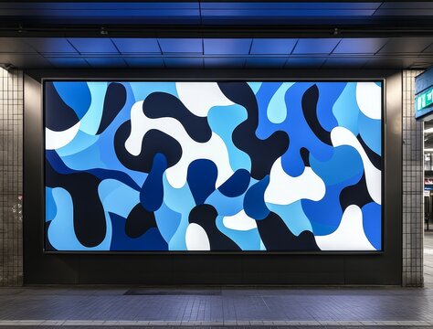 Fototapeta Large abstract blue and white artwork displayed on a backlit billboard in a modern urban setting at night.