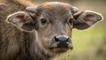 Close-up of buffalo calf's face with brown eyes looking at the viewer, facial expression, close-up, buffalo calf