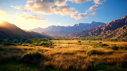 Obraz premium Serene Mountain Landscape with Lush Green Valleys and Blue Sky