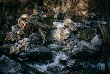 beautiful stones near a mountain river in the French Alps