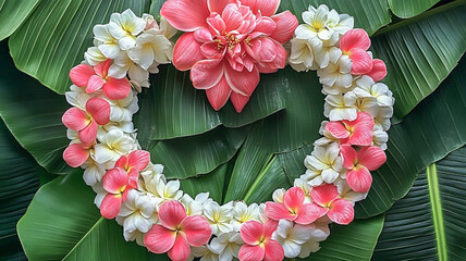 A Thai traditional flower garland, in white and pink colors, with red flowers on top, placed against the green leaves of banana trees in Thailand