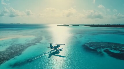 Seaplane landing on tropical ocean near islands