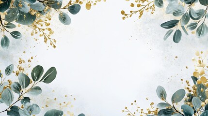 A blank white invitation card styled with soft greenery and gold accents