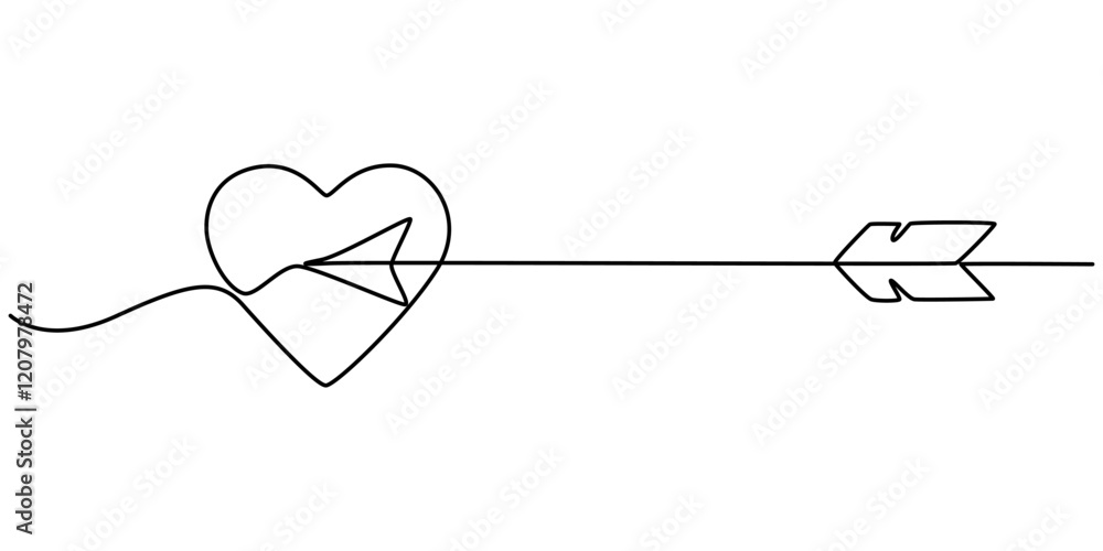 Fototapete Valentine's Day Icon, Love at First Sight Vector Editable Line Illustration, Cupid s arrow in the continuous drawing of lines in the form of a heart with pastel neon color design. Continuous black. 