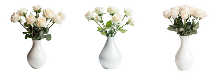 Fototapeta premium A Set of Elegant White Vase with Fresh Roses Exuding Sophistication Isolated on transparent Background
