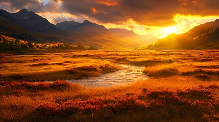 Scenic Sunset Over Golden Meadow With Mountain Backdrop