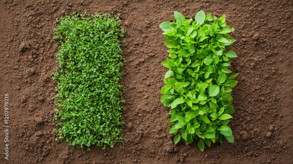 Wall mural Fresh herbs growing in adjacent patches on soil, showcasing vibrant green colors and healthy foliage. contrast between two types of herbs adds visual interest to garden scene