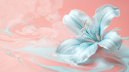 Beauty Background with Light Blue Lily Flower and Pastel Paint Splashes